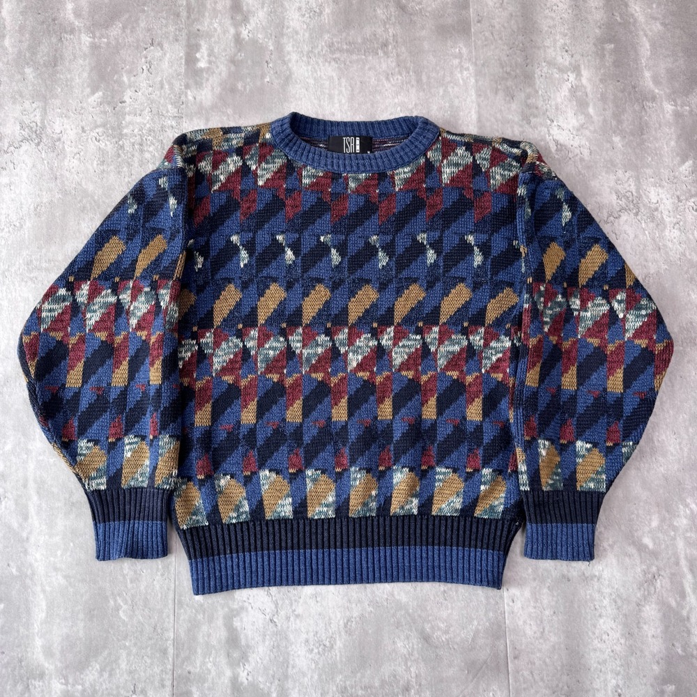 Vintage TSR Geometric Sweater Mens M Blue Abstract Made USA Grandpa Knit 90s